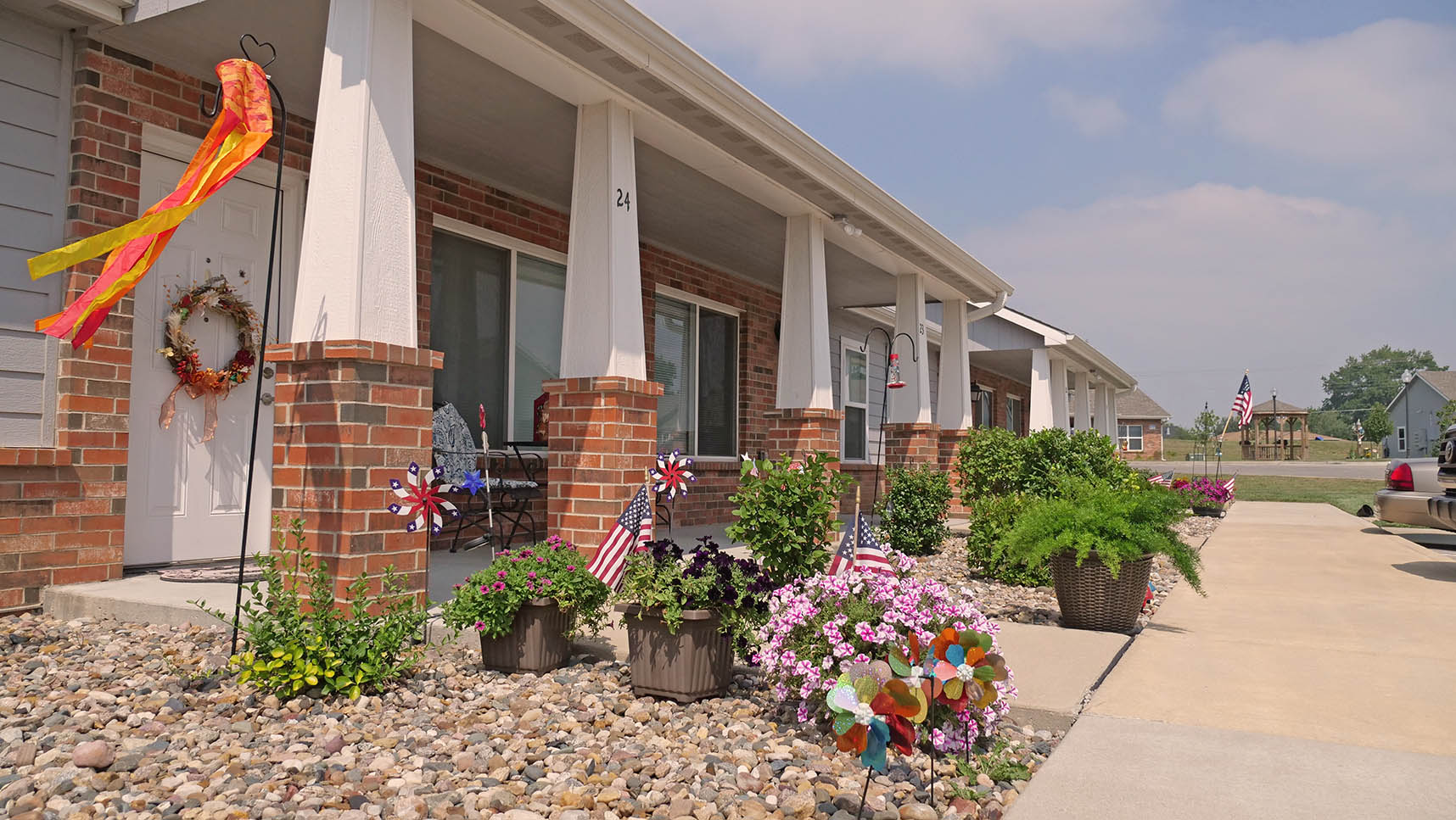 Front porches with patriotic decorations