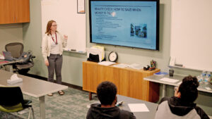 Woman teaching saving money tips