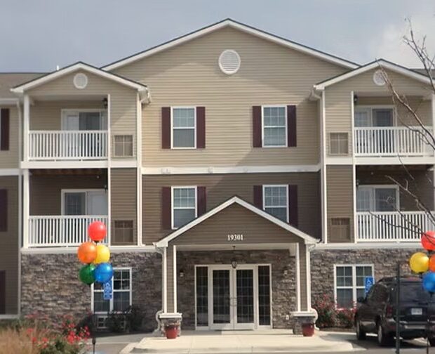 Senior living building with balloons