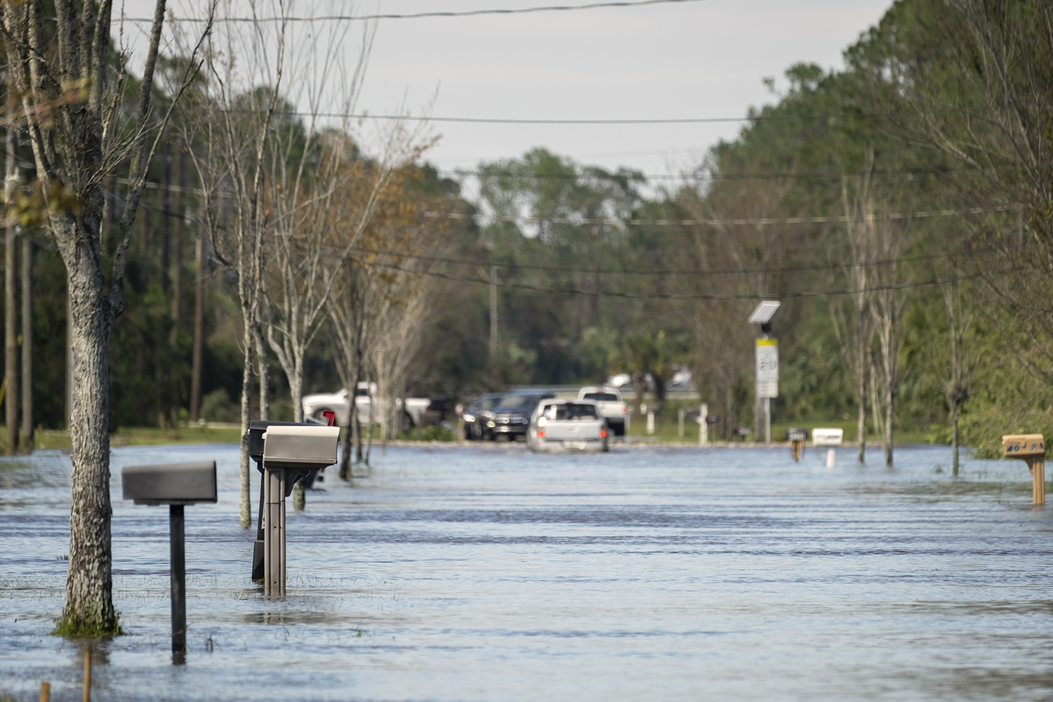 Flooded street with mailboxes and cars